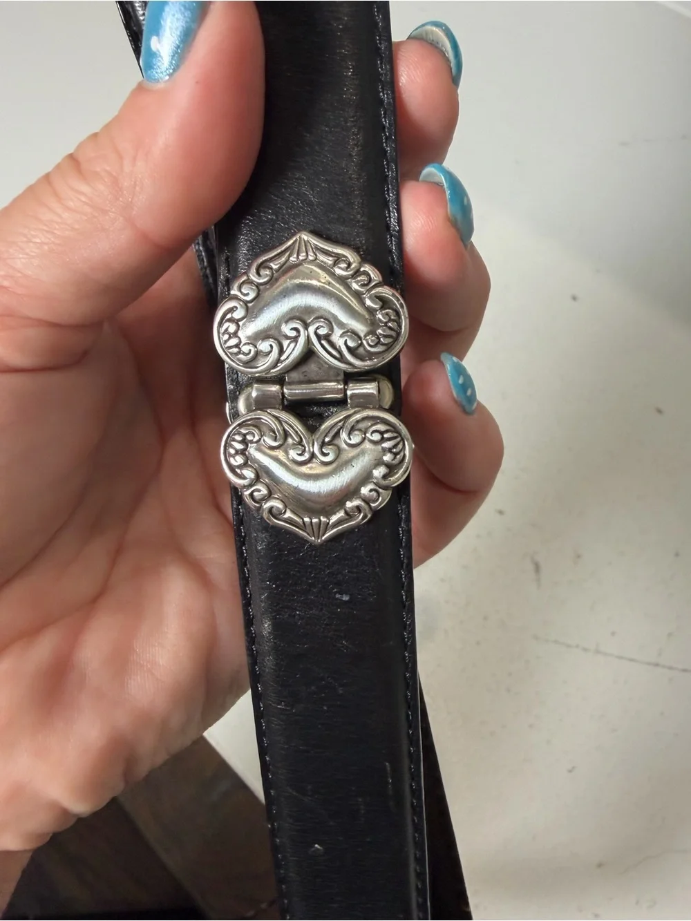 Fossil Women's Medium Black Leather Belt Silver Heart Buckle Western Vintage